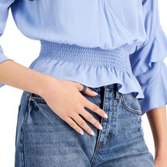 Just Polly Juniors Smocked-Waist Top,Denim, long sleve shirt Medium - Picture 5 of 7